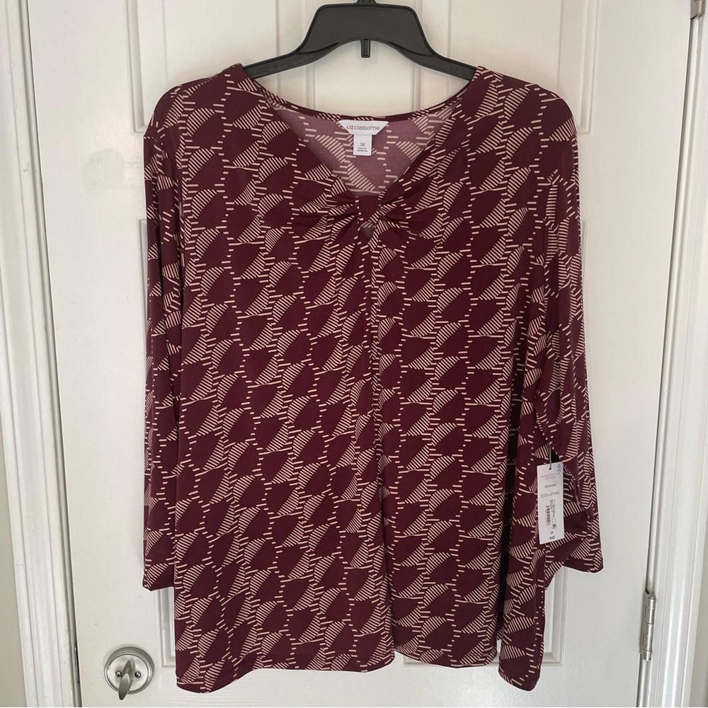 Liz Claiborne Maroon Tan Geometric Long Sleeve Blouse Keyhole Wm Plus Sz 3X